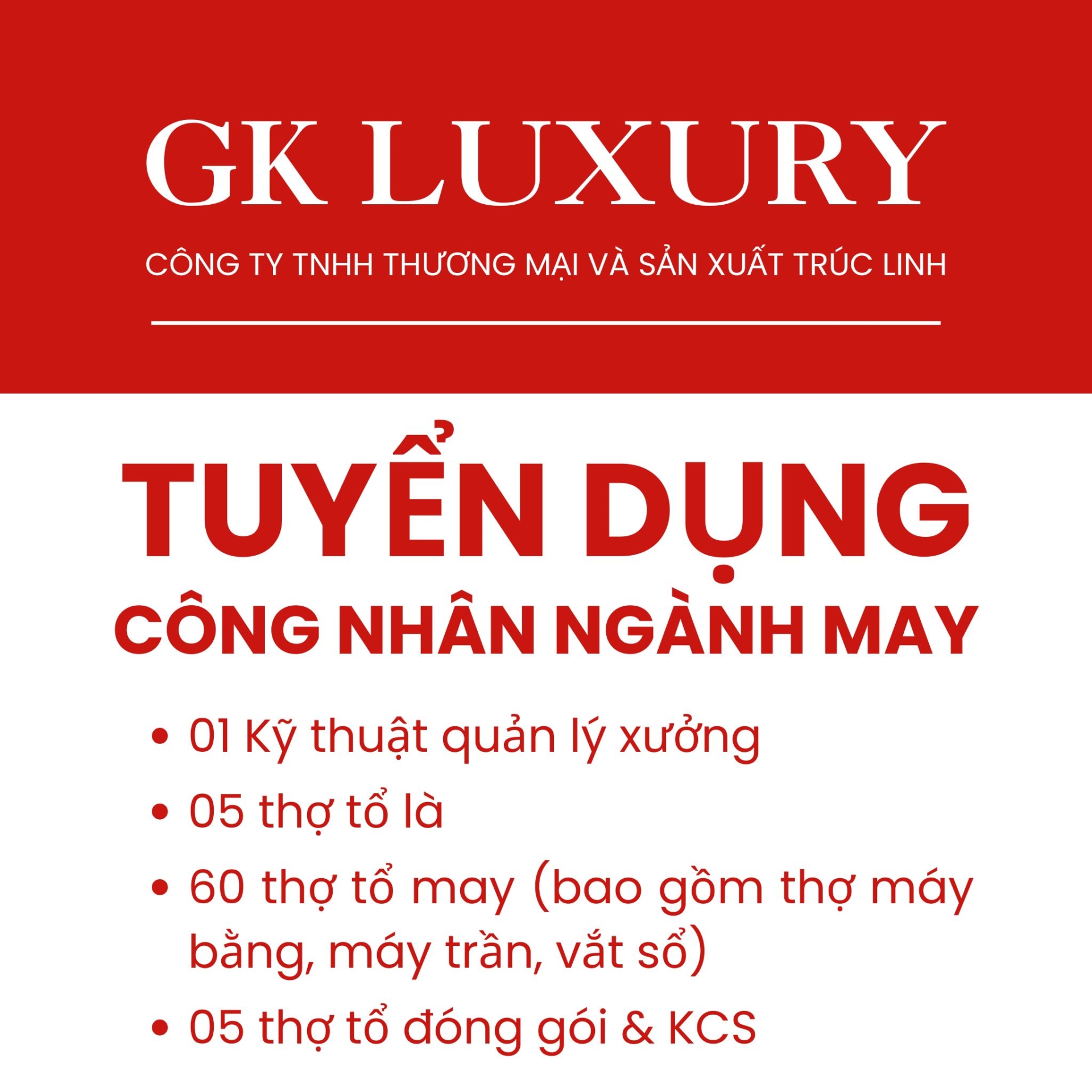 CÔNG TY TRÚC LINH TUYỂN  DỤNG NHÂN CÔNG NGÀNH MAY
