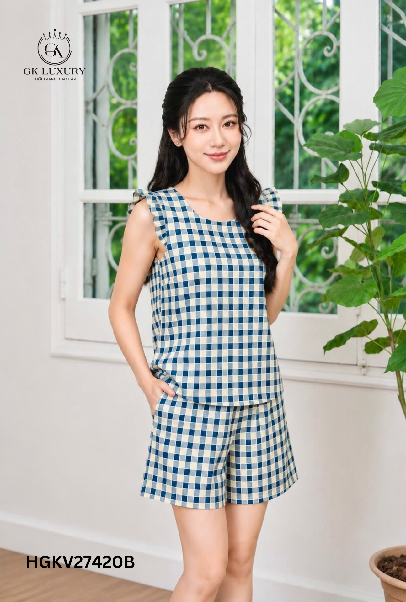 Bộ lanh sát nách quần đùi Kẻ HGKV27420B