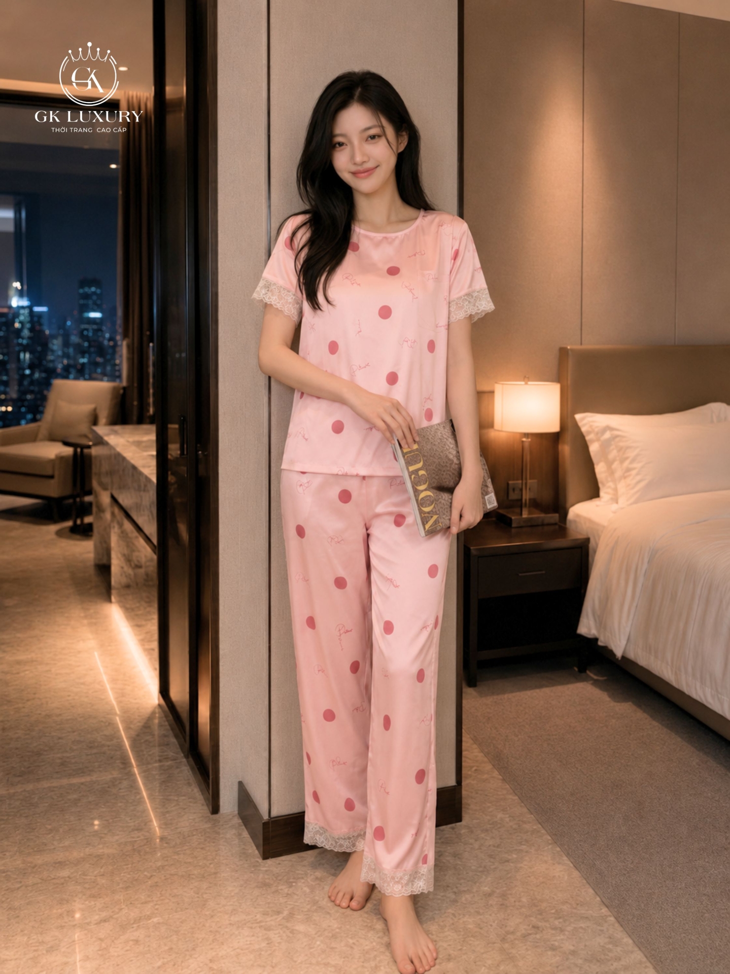 Bộ lụa cộc tay quần dài Chấm bi HGKL26310D