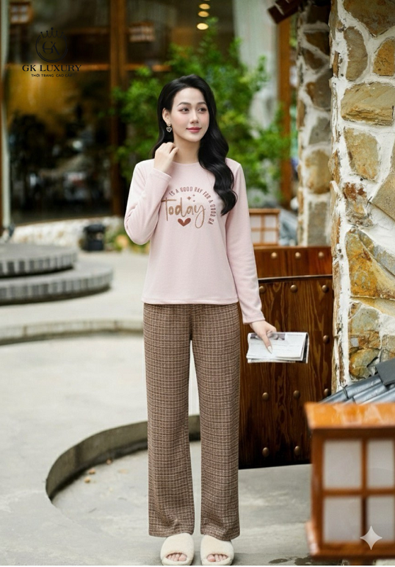 Bộ cotton tay dài quần dài Cam DGKC25230D