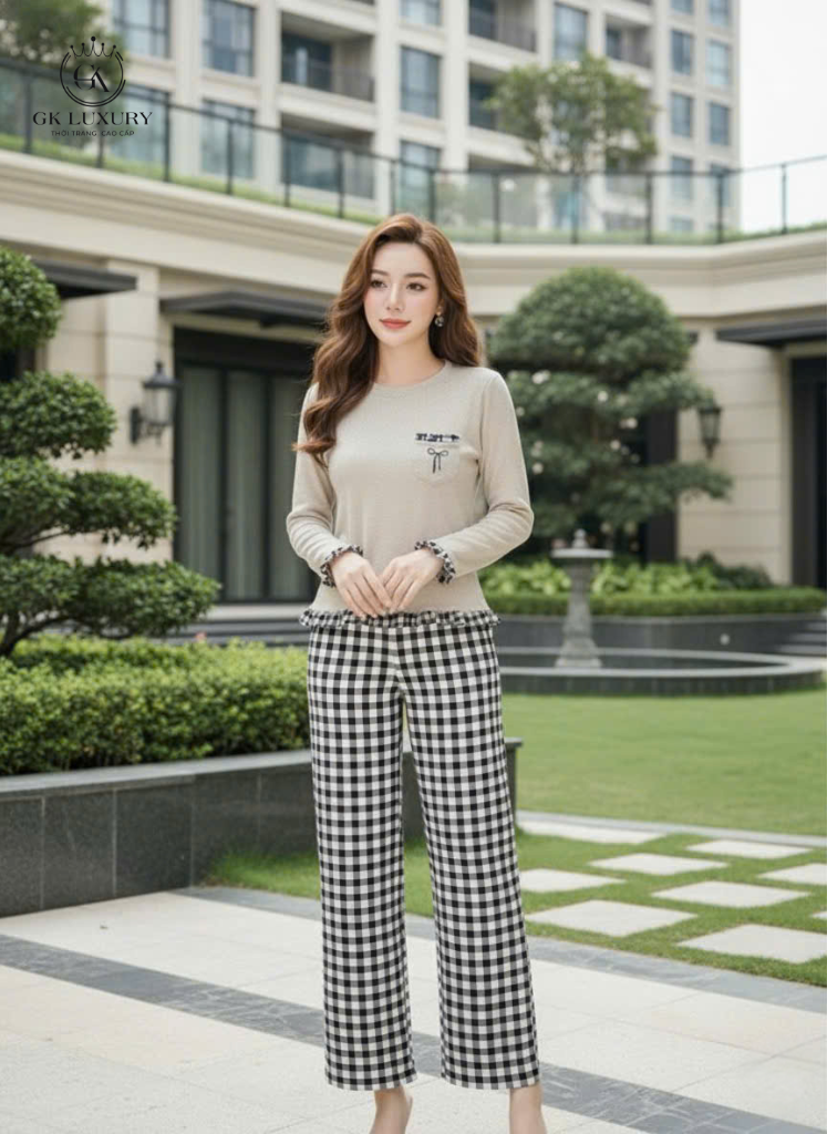 Bộ cotton tay dài quần dài Be DGKC25236D