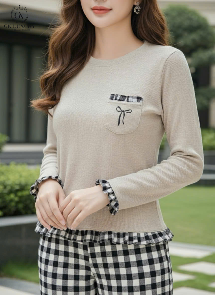 Bộ cotton tay dài quần dài Be DGKC25236D
