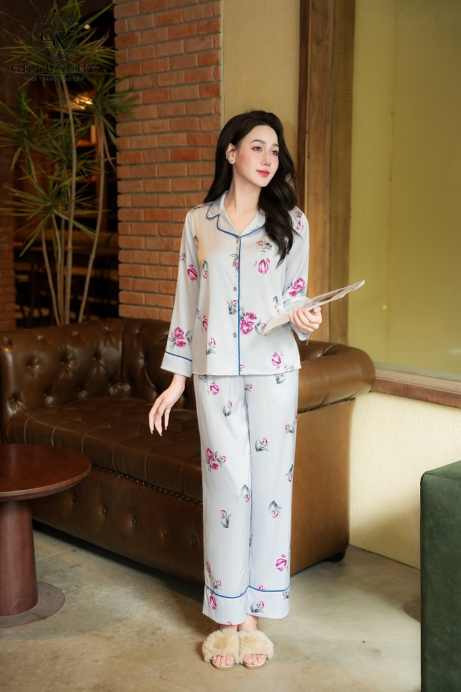 Bộ lụa tay dài quần dài hoa mẫu đơn HGK25204D